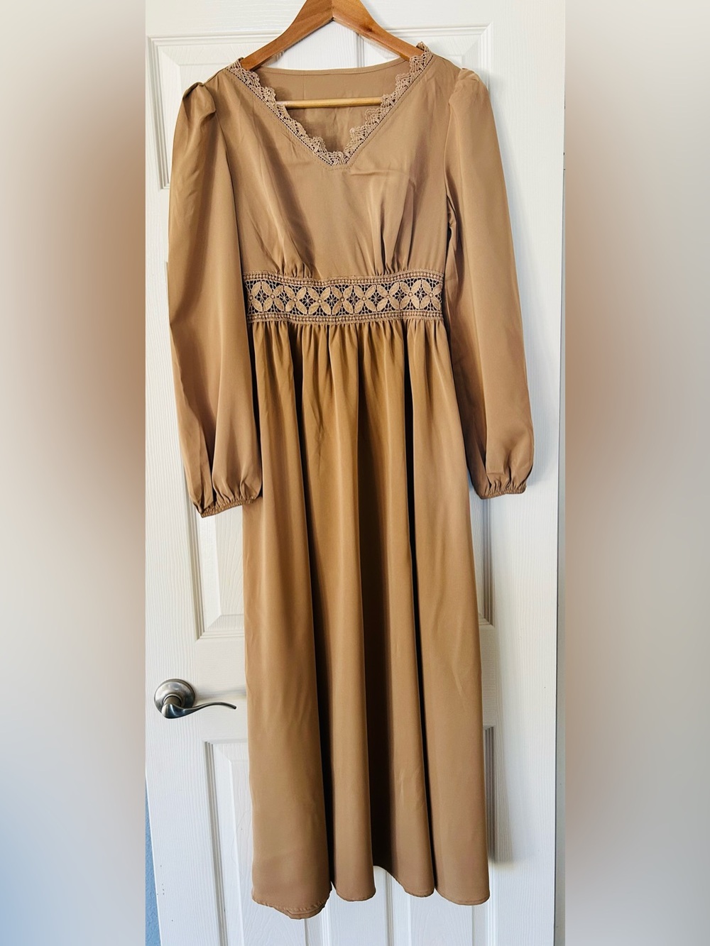 Cupshe Boho coastal chic boutique Tan Long Sleeve Dress with Lace Waist Detail